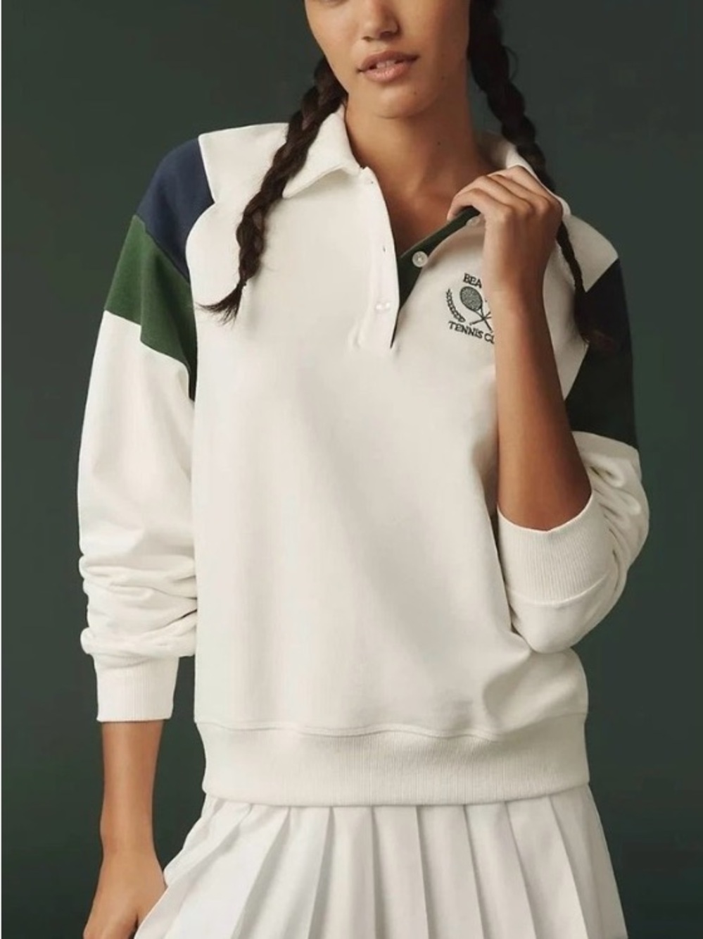 Beach Riot White Rugby Sweatshirt Green & Navy tennis club small preppy top cute